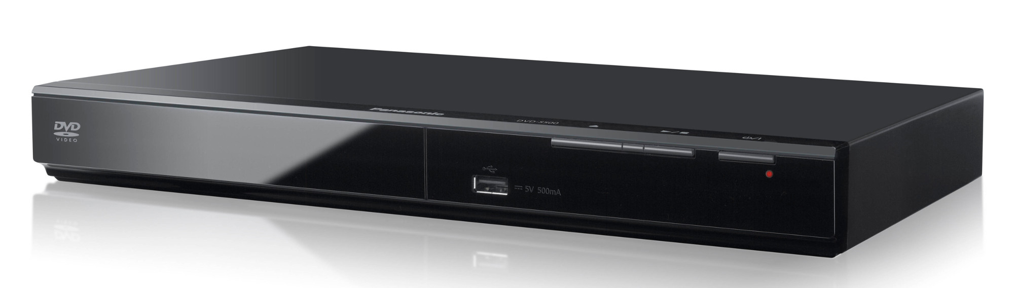 Ein schwarzer DVD-Player auf einer weißen Oberfläche. Auf der Vorderseite befinden sich Knöpfe und ein USB-Anschluss.