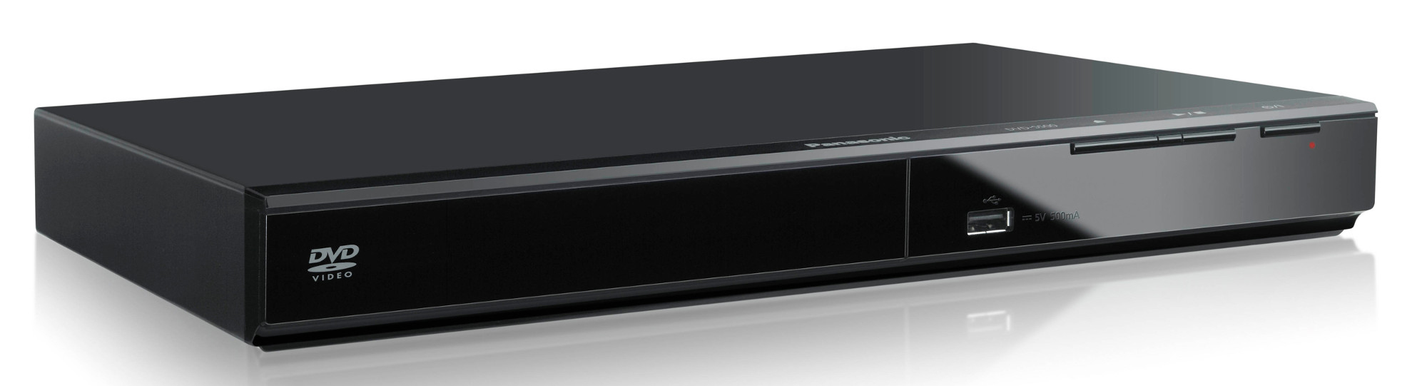 Schwarzer DVD-Player mit der Aufschrift 'DVD VIDEO' auf der Vorderseite. Er hat ein elegantes, modernes Design.