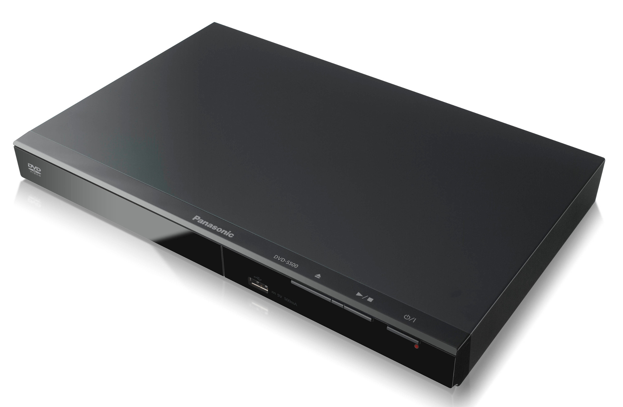 Schwarzer Panasonic DVD-Player mit Knöpfen und USB-Anschluss auf weißem Hintergrund.