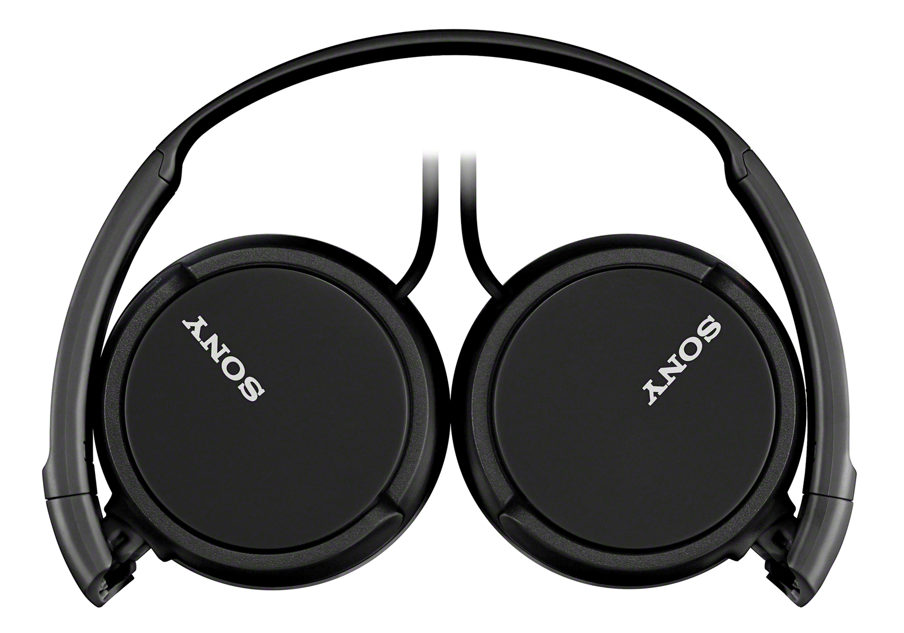 Casque Sony noir, plié. Les écouteurs sont ronds, le bandeau est incurvé.