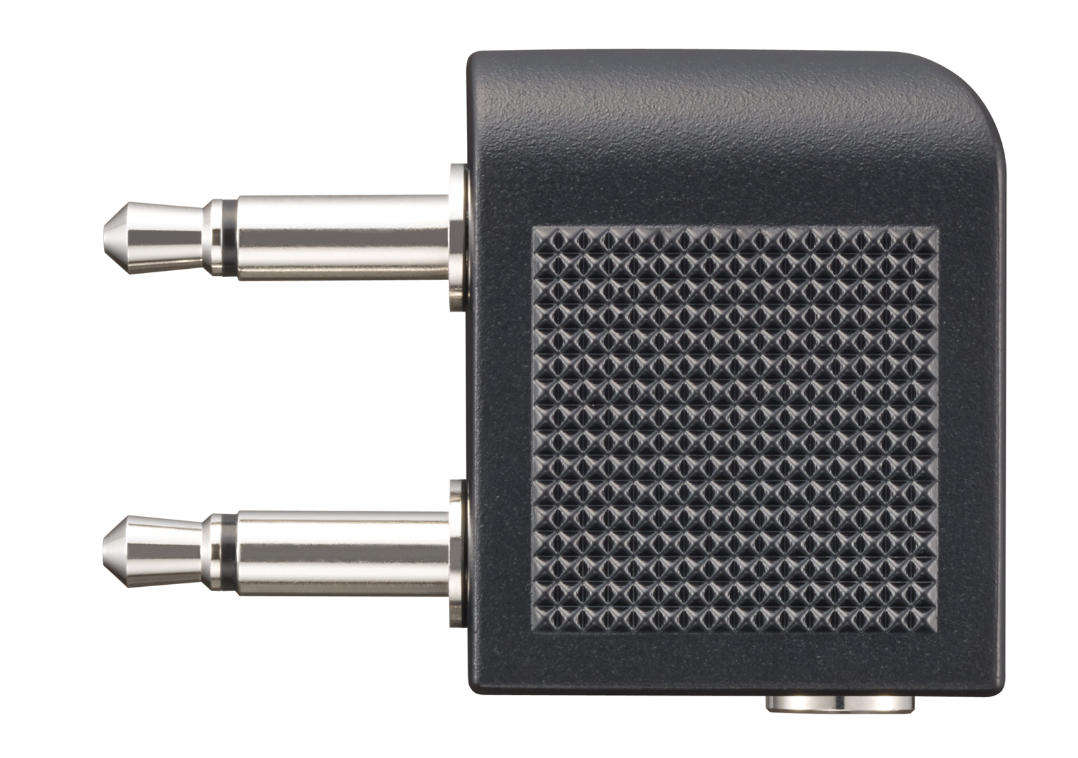 Een zwarte adapter met twee zilveren audio jacks en een getextureerd oppervlak.