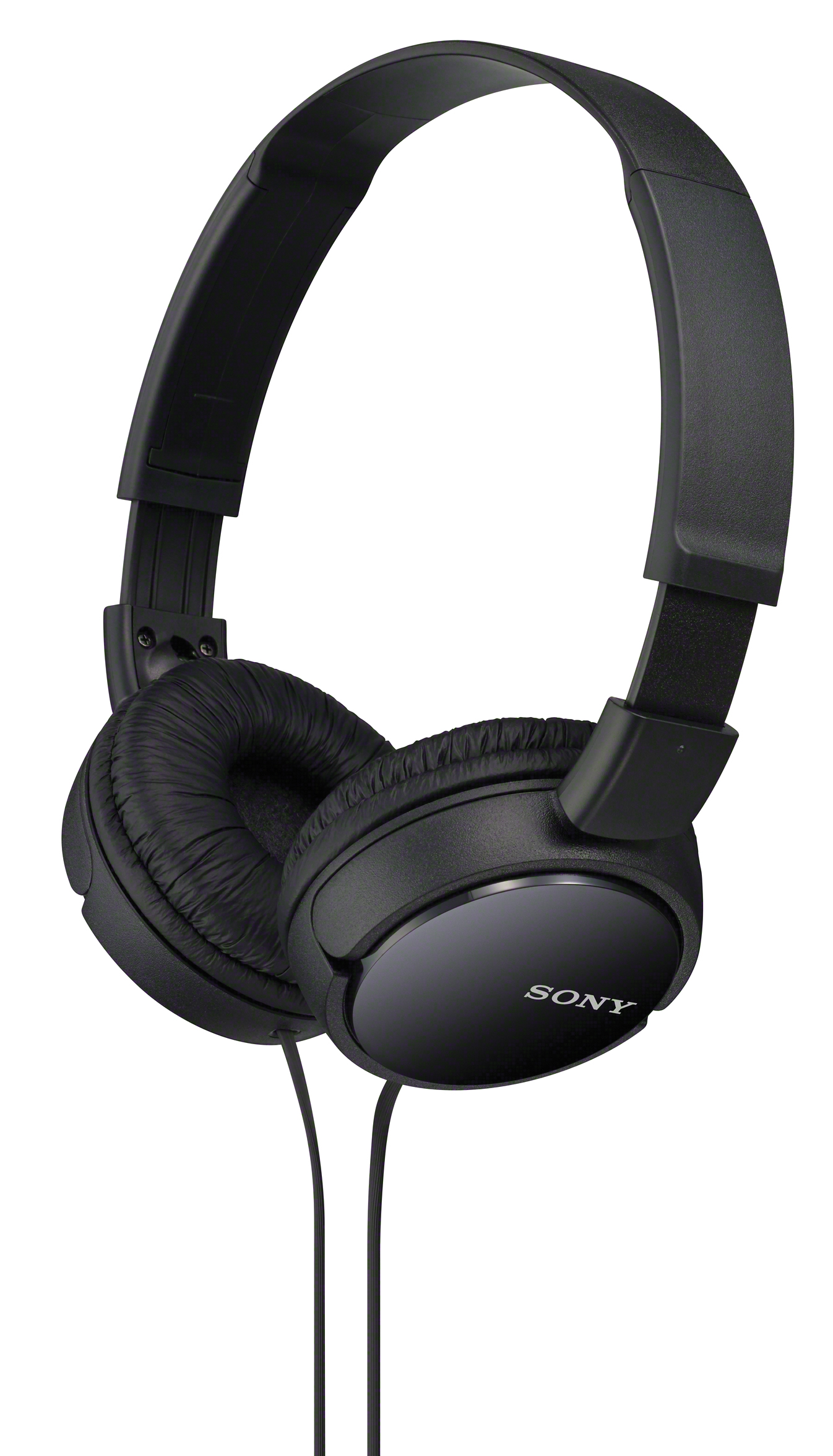 Casque Sony noir sur fond blanc, incliné sur le côté, avec le logo Sony visible.