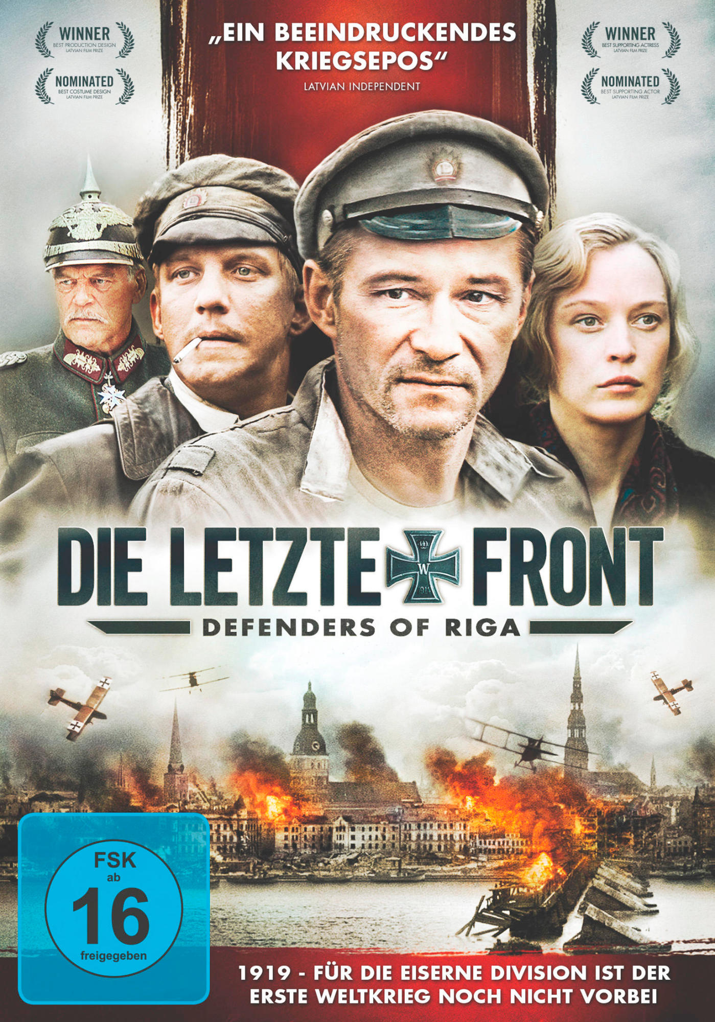 DVD-Cover. Männer in Militäruniformen. Brennende Stadt im Hintergrund. Text auf Deutsch.