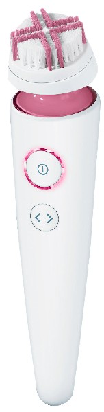 Weiße, rosa Gesichtsbürste. Der Bürstenkopf befindet sich über dem Griff. Sie hat rosa Borsten und einen rosa Knopf.