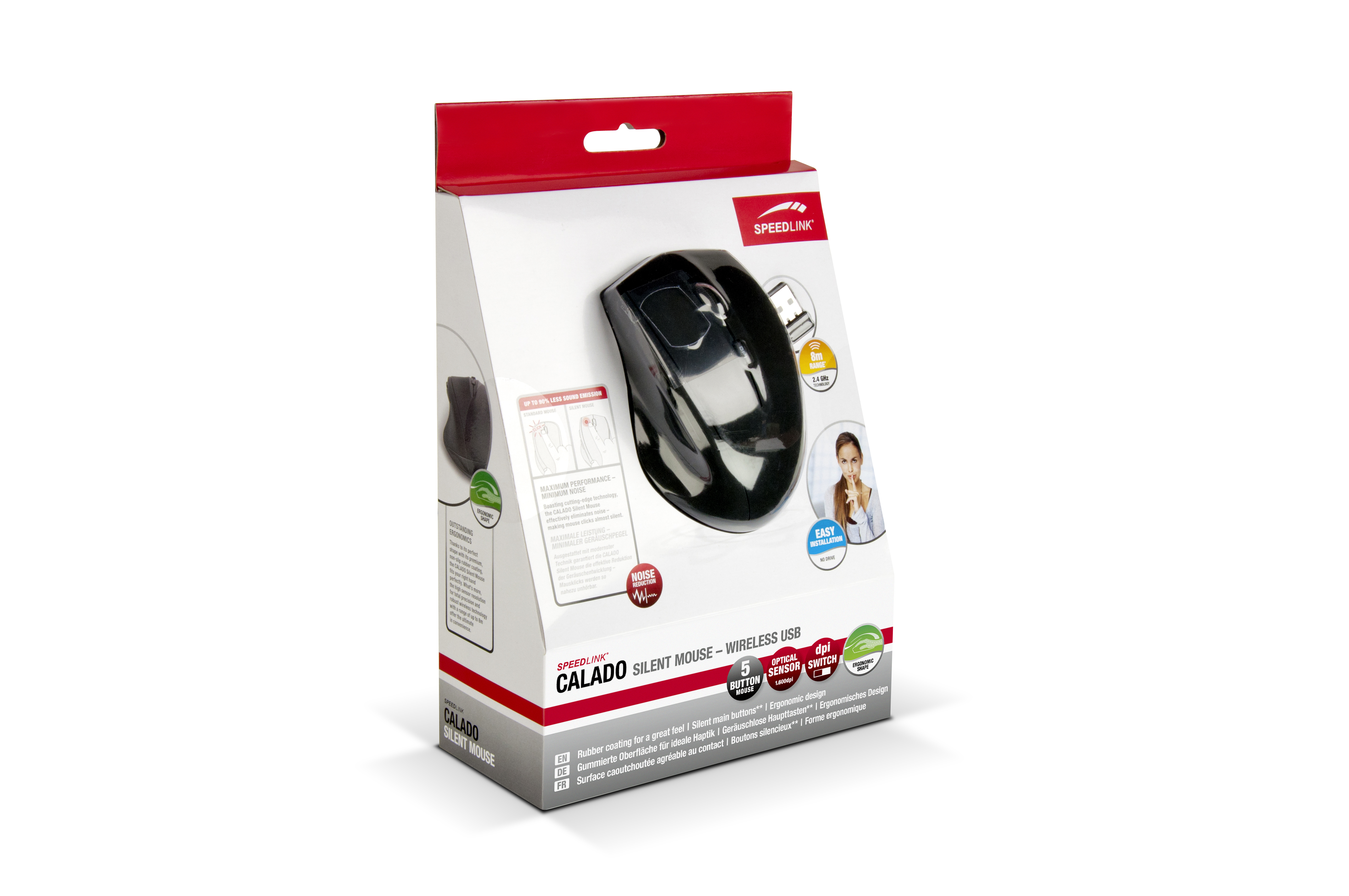 Un mouse wireless nero in una scatola con testo, loghi e l'immagine di una donna che lo usa.
