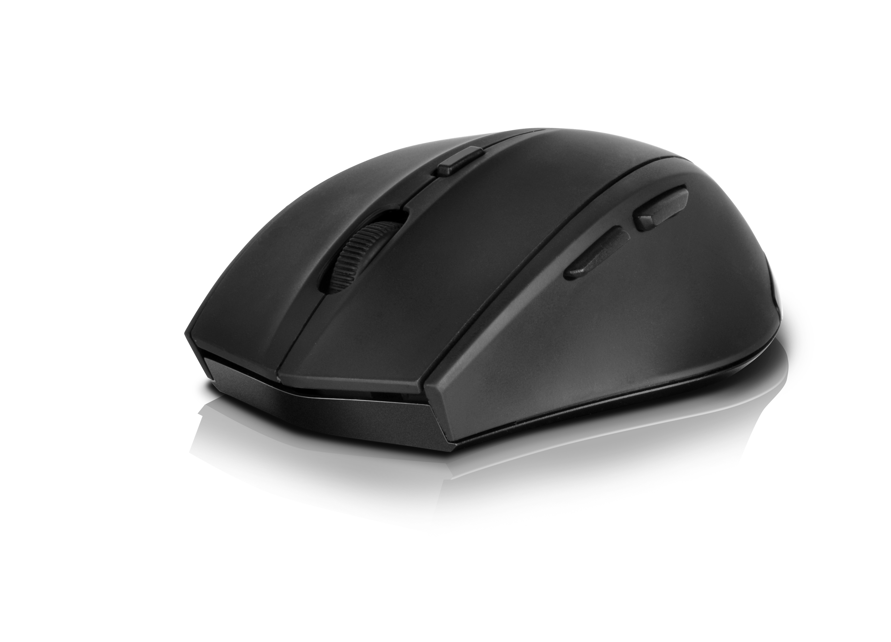 Mouse per computer nero. Tre pulsanti e una rotella di scorrimento.