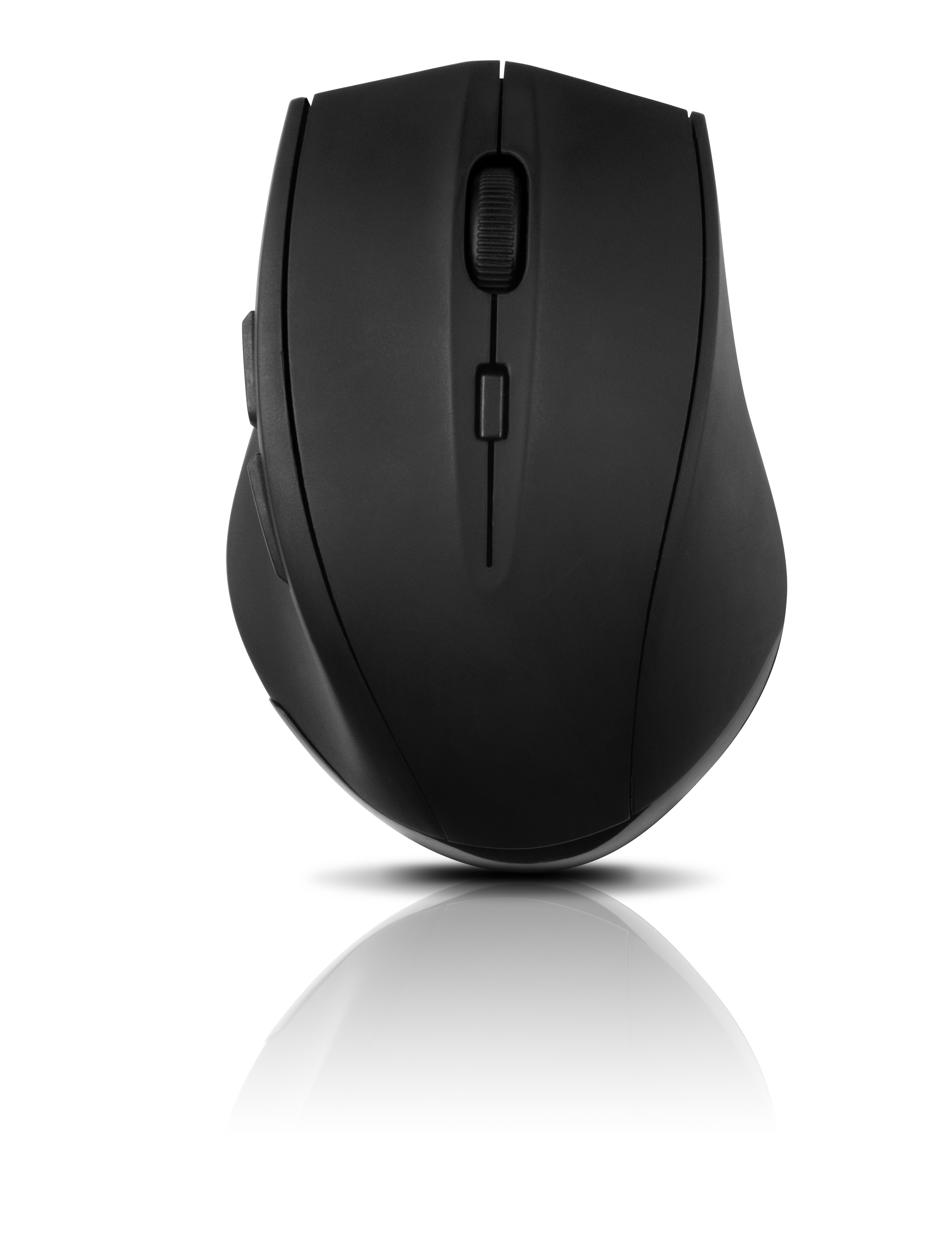 Mouse per computer nero, con pulsanti e rotella di scorrimento, che si riflette su una superficie bianca.