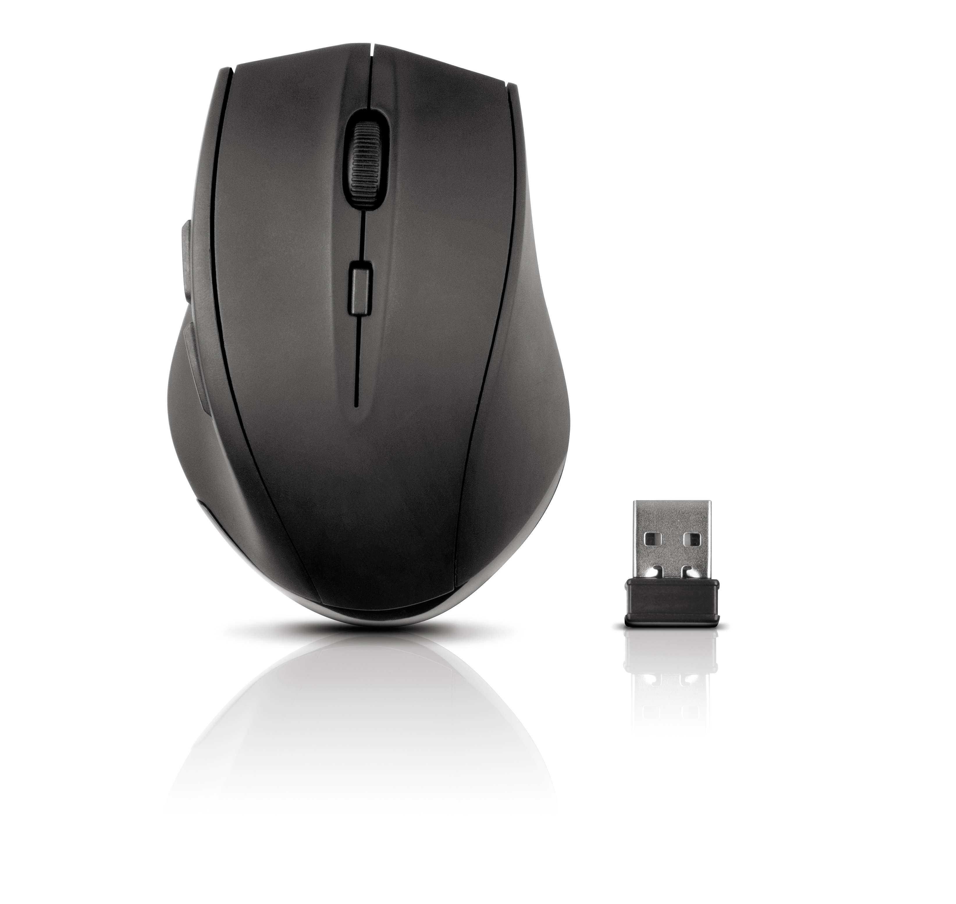 Mouse ergonomico nero con ricevitore USB su sfondo bianco.