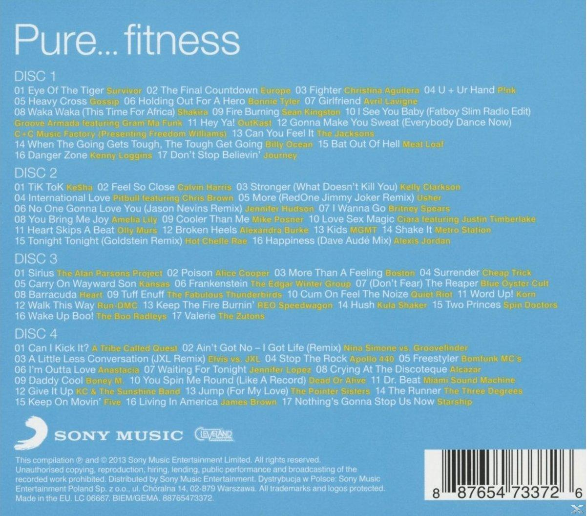 Pure... Fitness-Albumcover. Mehrere CD-Discs mit Tracklisten. Sony Music und verschiedene Künstlernamen.