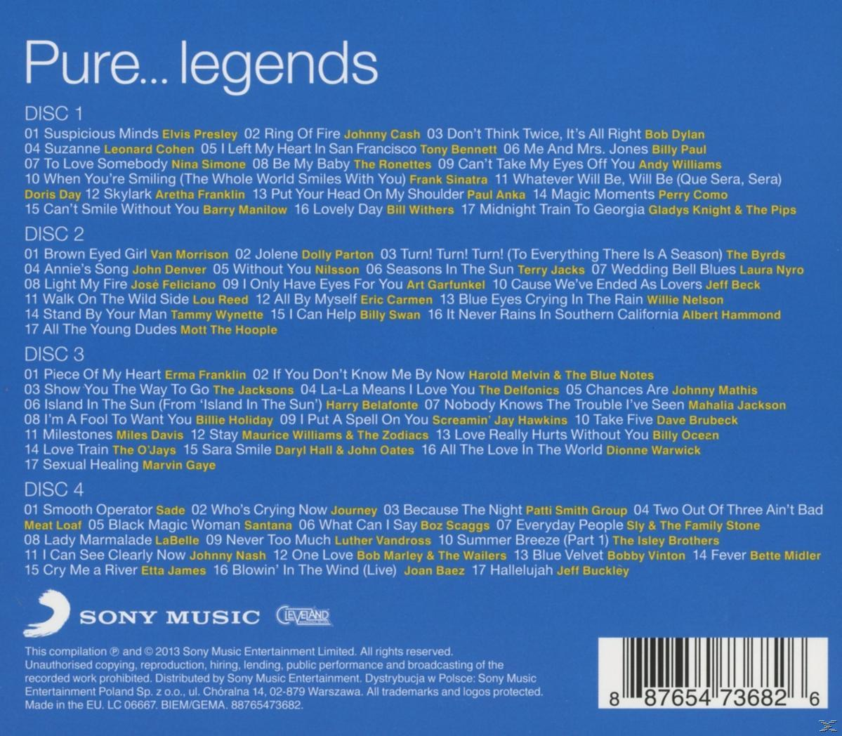 Albumhoes, tekst. De titel is 'Pure Legends', met een lijst van nummers en artiesten.