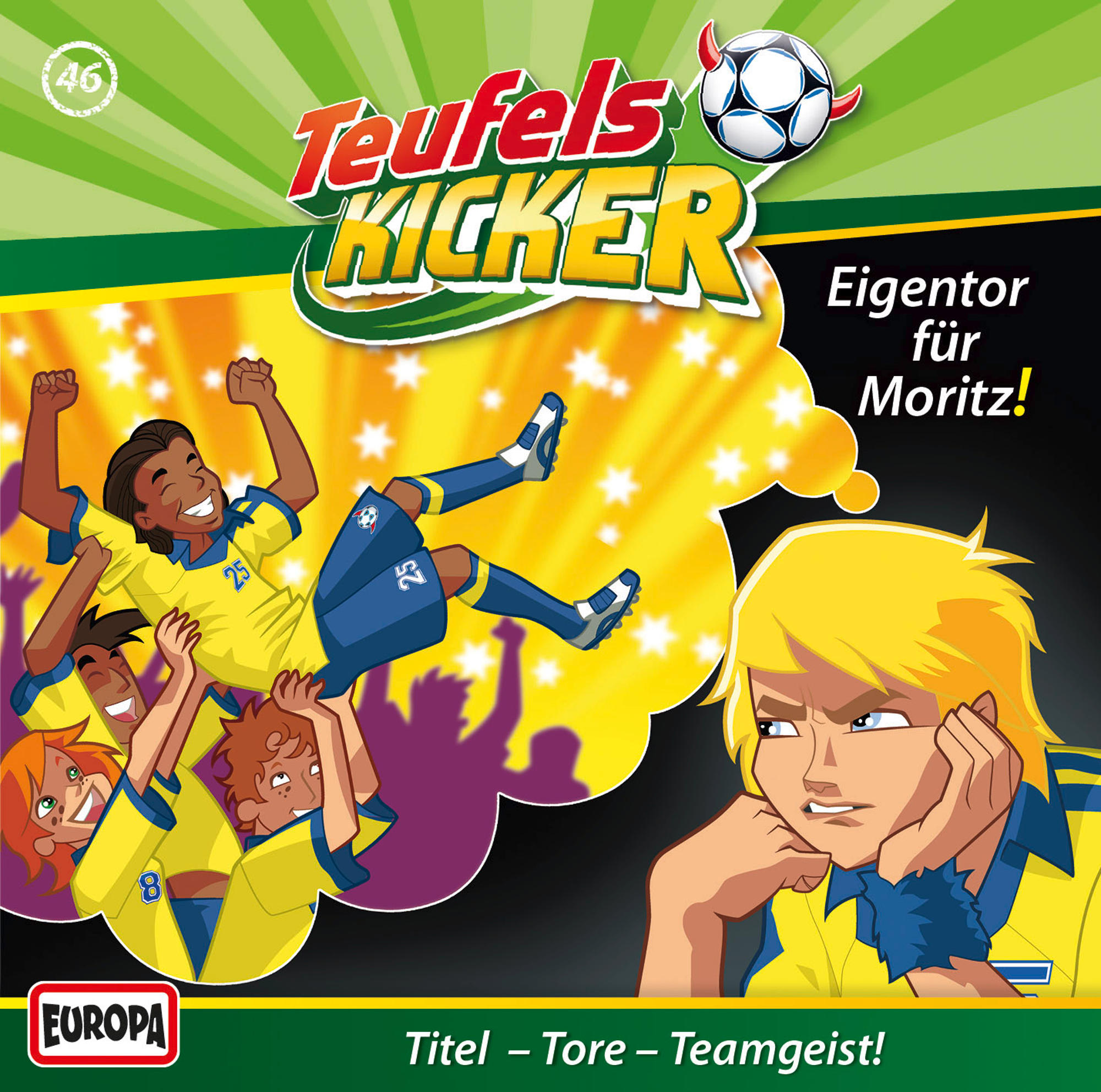 Comic-Cover mit Cartoon-Fußballspielern, Text auf Deutsch und einem Logo.
