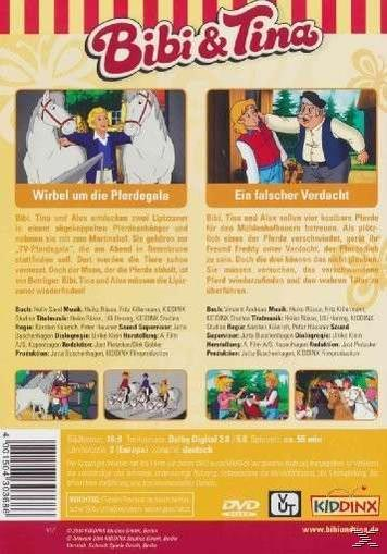 Rückseite einer Bibi & Tina DVD-Hülle. Zwei Szenen aus der Show und Text.