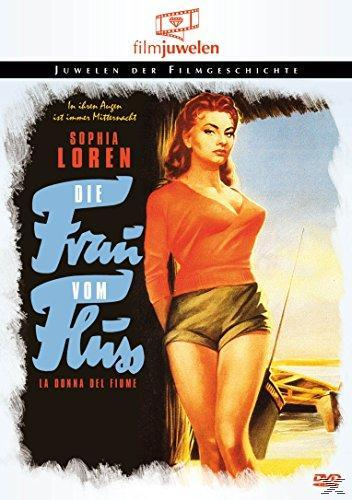 DVD-Cover: 'Die Frau vom Fluss', Sophia Loren in Shorts und rotem Top, stehend.