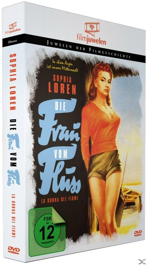 DVD-Cover. Sophia Loren in rotem Oberteil und Shorts, mit dem Titel „Die Frau vom Fluss“.