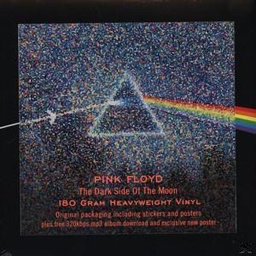 Pochette de l'album Pink Floyd : prisme triangulaire avec lumière arc-en-ciel. Fond sombre avec titre et texte de l'album.