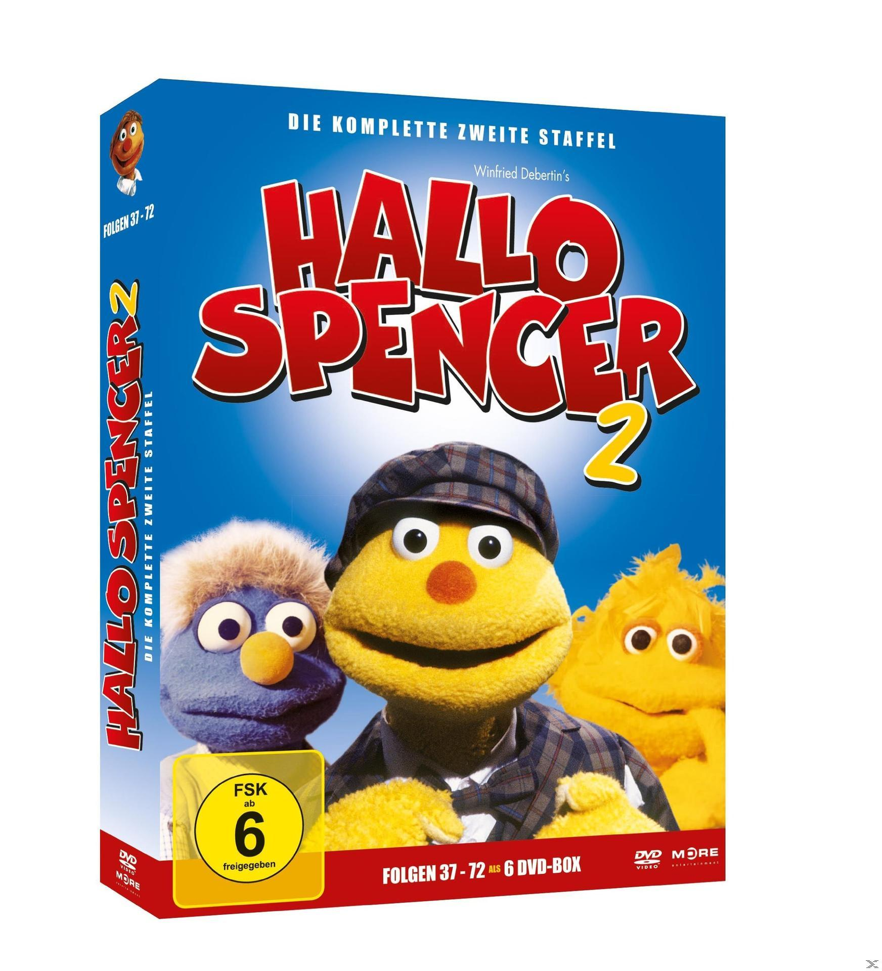 DVD-Box-Set mit Puppen: blau, gelb und gelb. Text: 'Hallo Spencer 2', 'Die komplette zweite Staffel'.