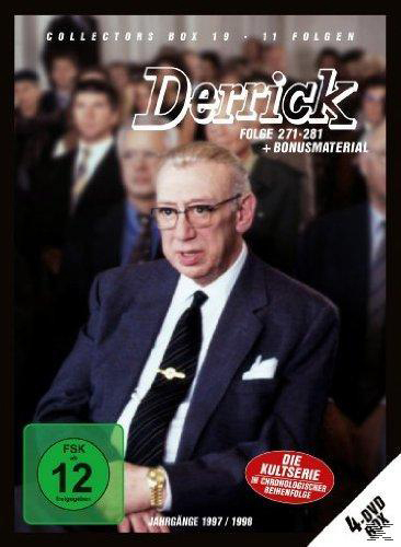 DVD-Cover von 'Derrick'. Ein Mann im Anzug vor verschwommenem Hintergrund von Menschen. Dunkelgrünes Rating-Logo.