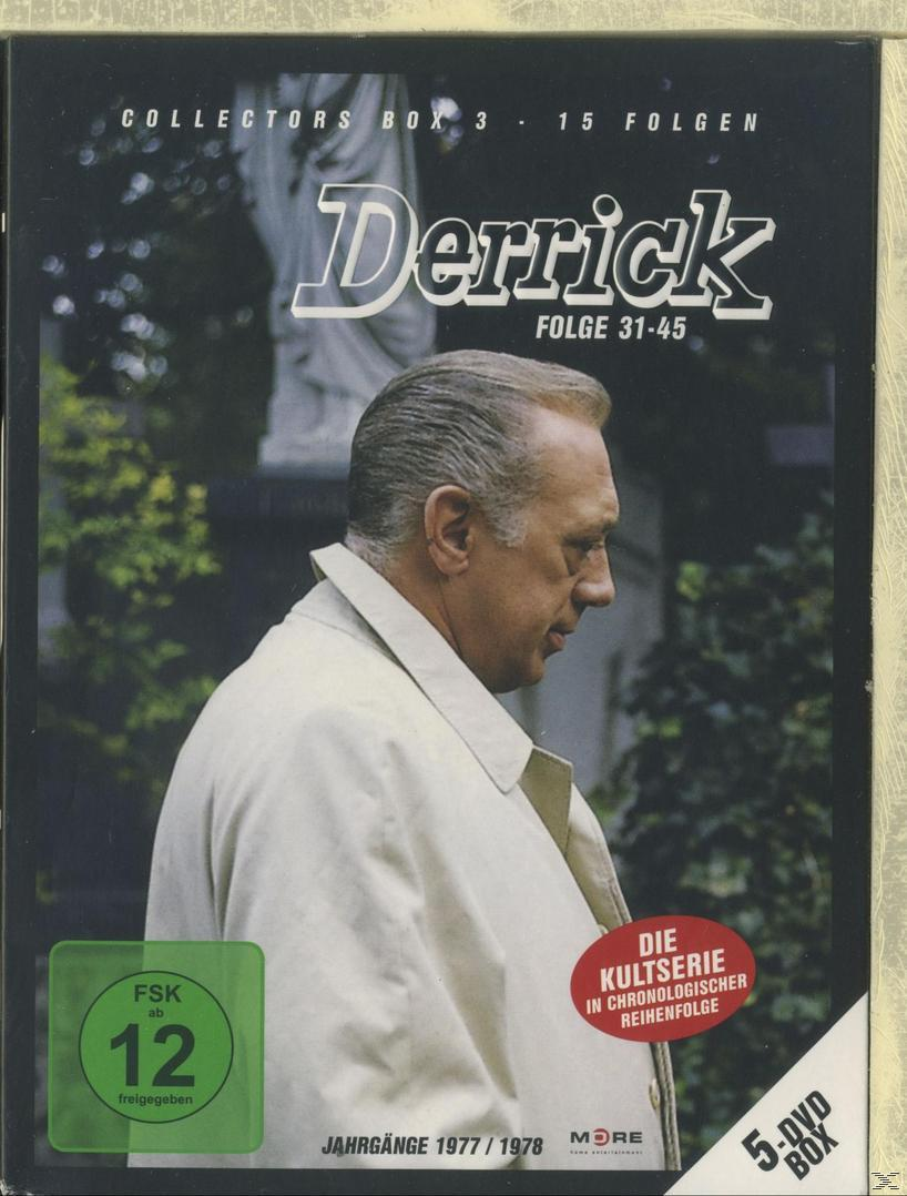 Derrick DVD-Cover. Ein älterer Mann in einem Mantel. Der Titel lautet 'Derrick'. Deutscher Text.