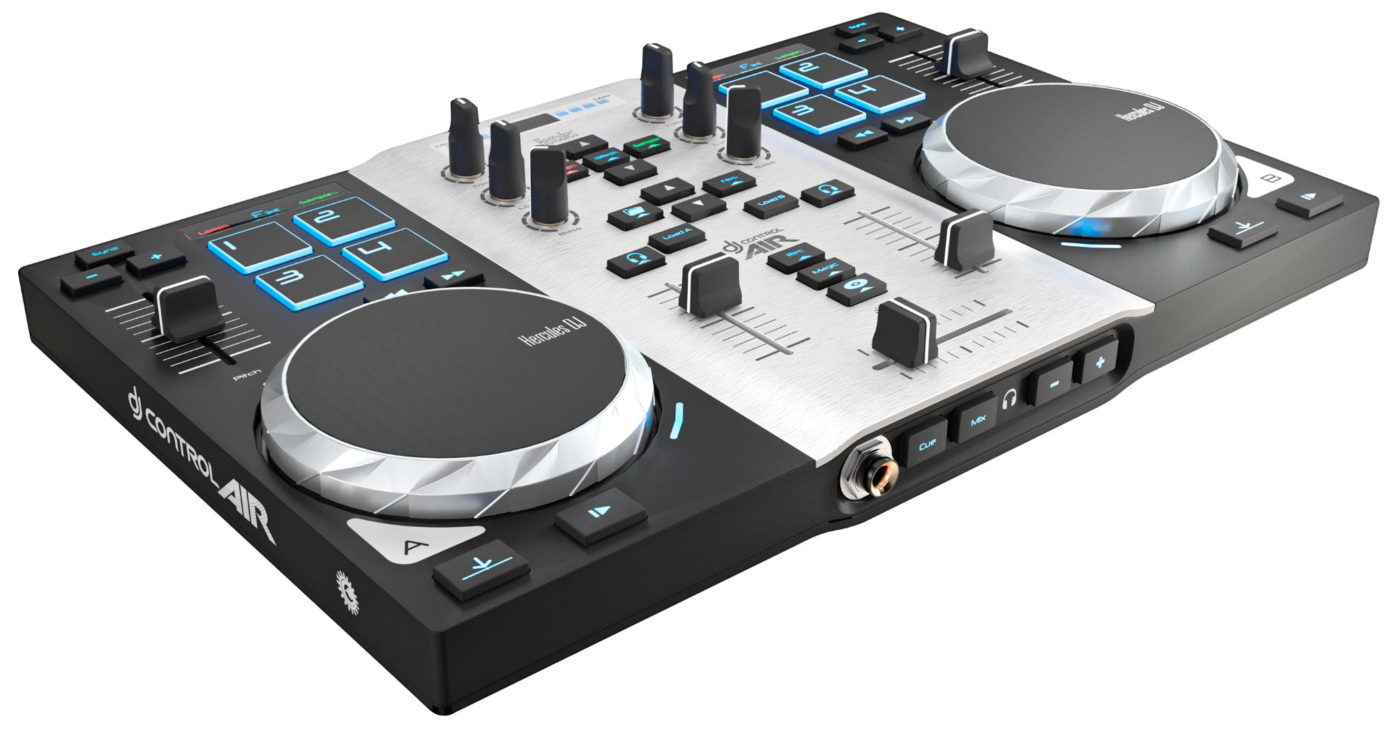 HERCULES DJ Control Air S Series (Air Control, 8 Pads, integr. Soundkarte, DJUCED 18°, PC / Mac) 2-Deck DJ Controller, Schwarz/Silber