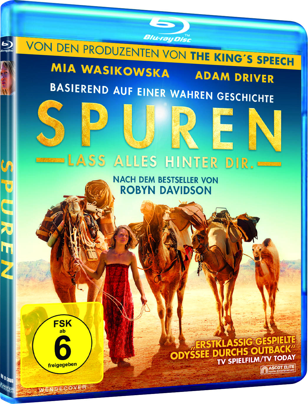 Blu-ray-Cover mit Filmtitel. Eine Frau mit Kamelen in der Wüste. FSK 6.