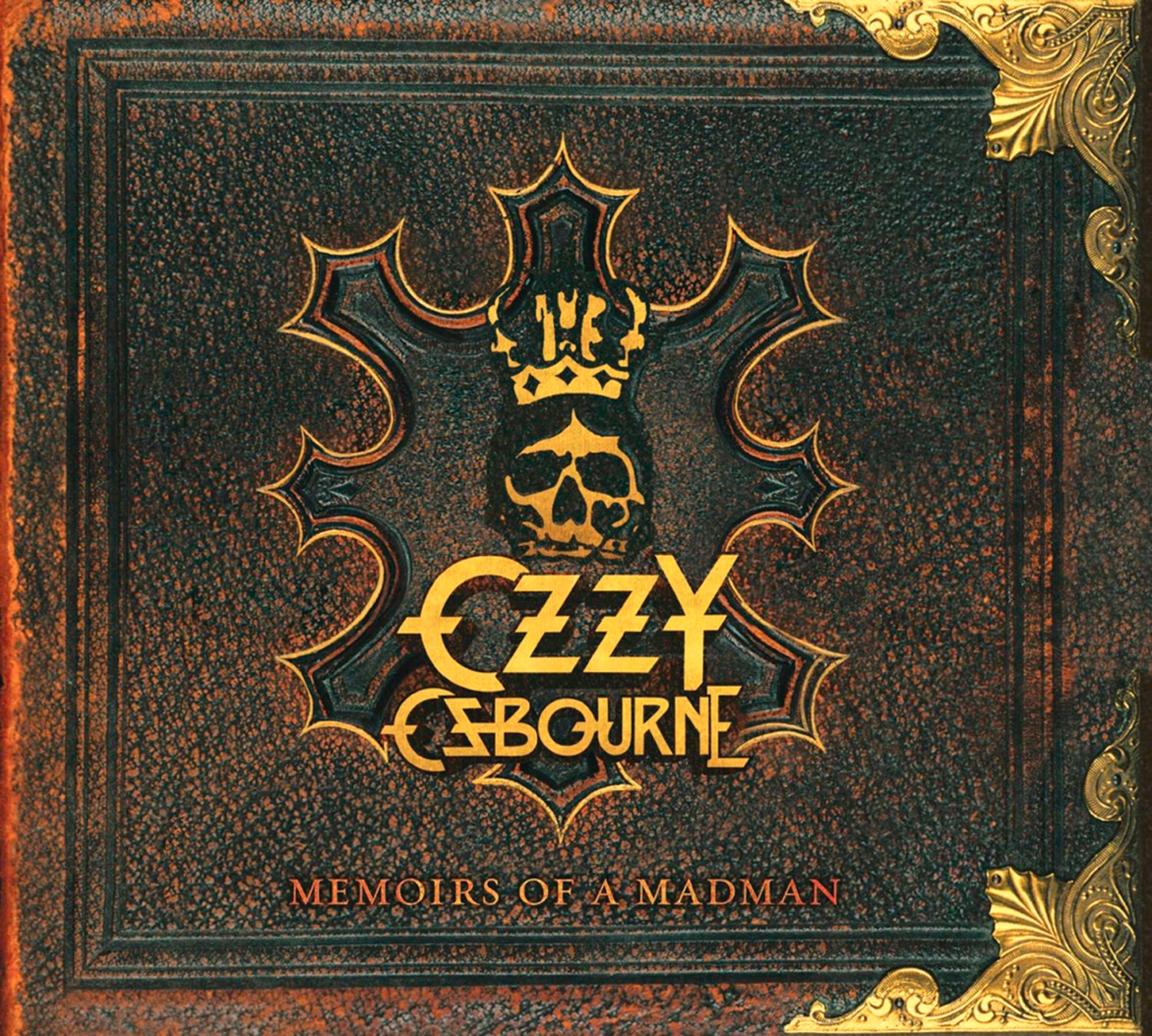 Albumcover: Ozzy Osbournes 'Memoirs of a Madman', schwarzes Leder mit goldenen Akzenten, Totenkopf- und Kronenlogo.
