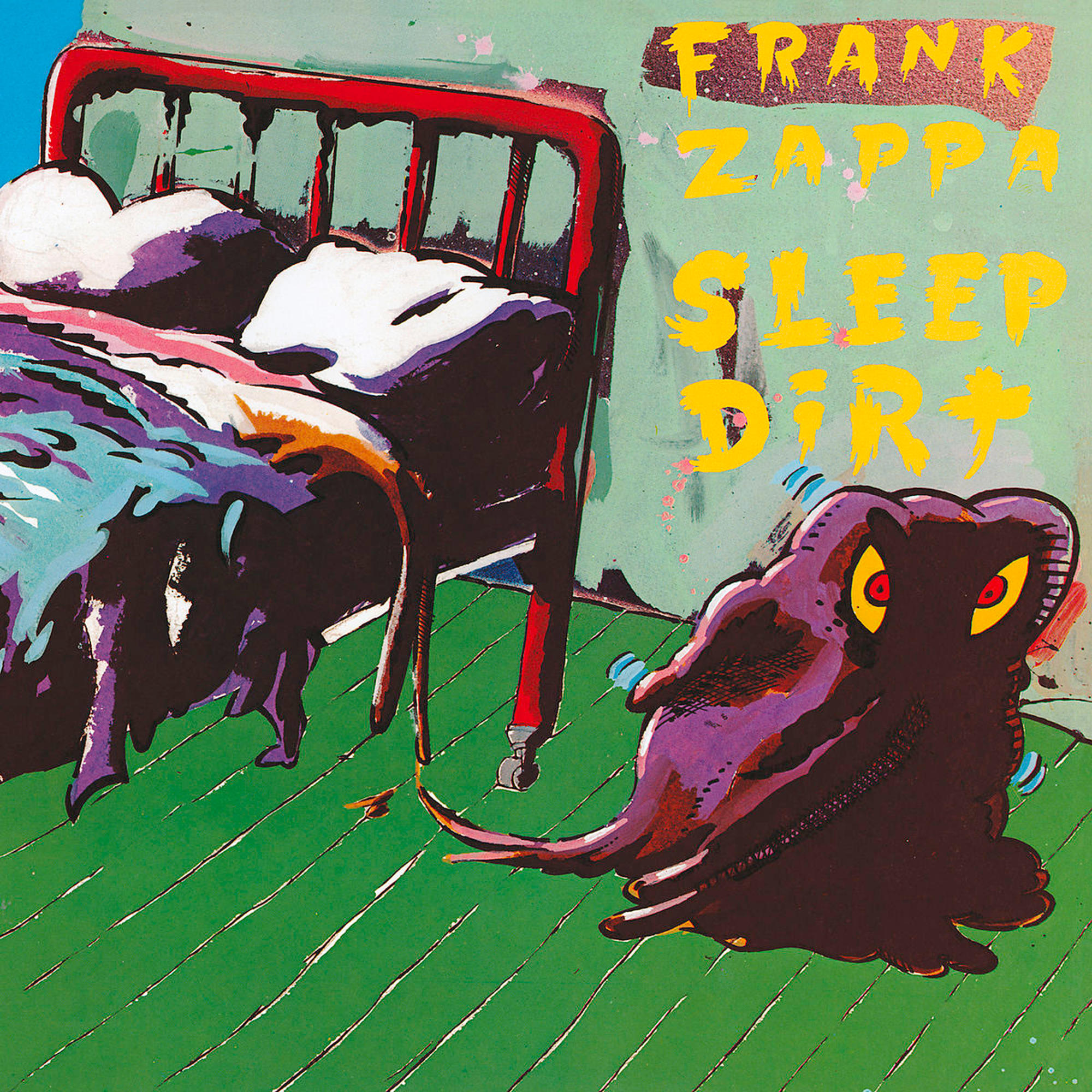 Albumcover mit Bett, Monster und Text 'FRANK ZAPPA SLEEP DIRT'.