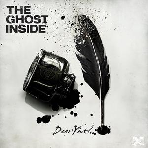 Albumcover für 'Dear Youth' von The Ghost Inside. Tintenfass, Tintenspritzer und Feder auf weißem Grund.