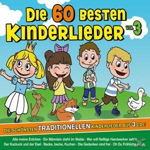 Albumcover mit Cartoon-Kindern, Tieren und Text auf Deutsch: Die 60 Besten Kinderlieder.