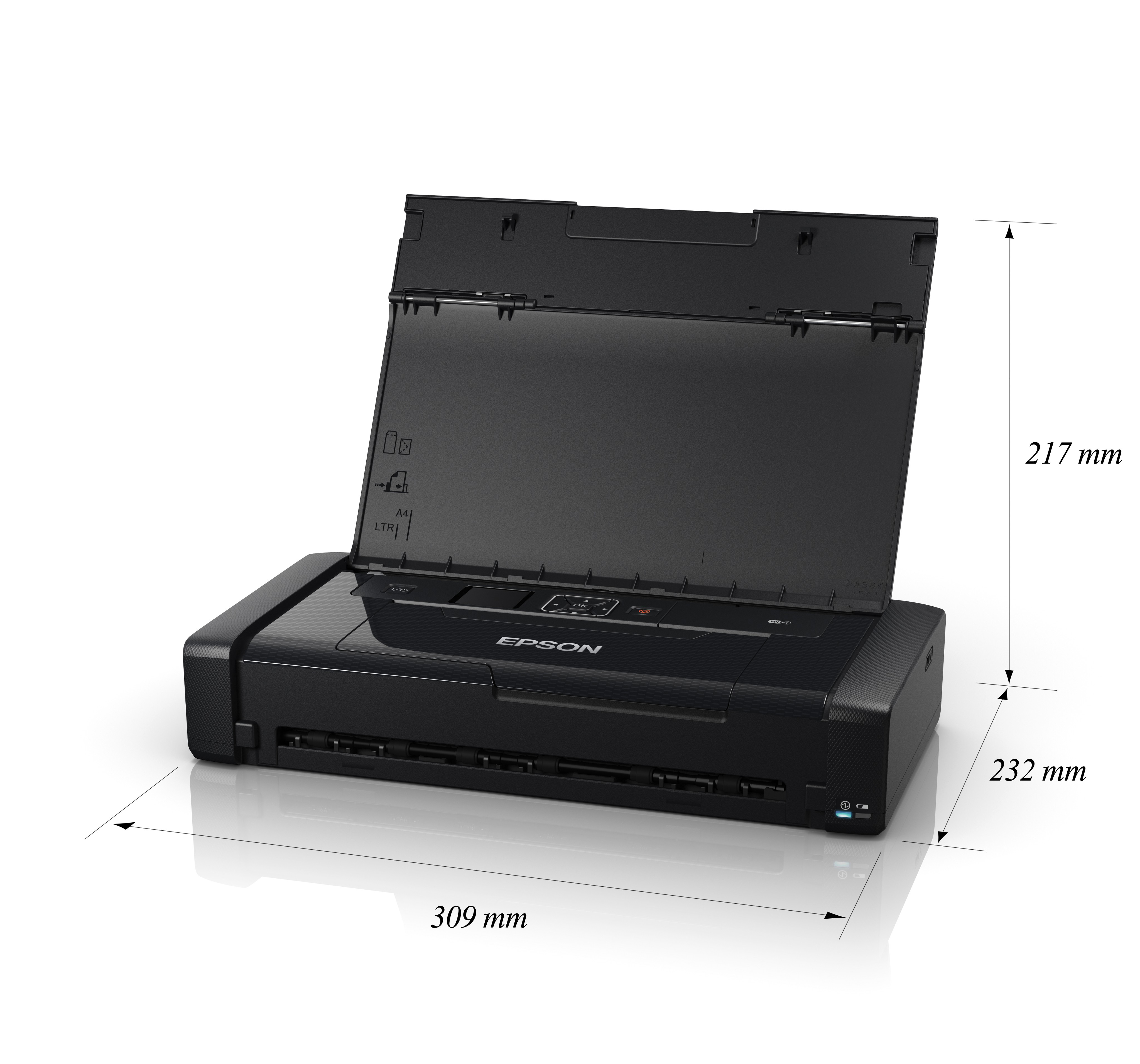 Ein schwarzer Epson-Drucker mit den angegebenen Abmessungen: 309 mm x 232 mm x 217 mm.