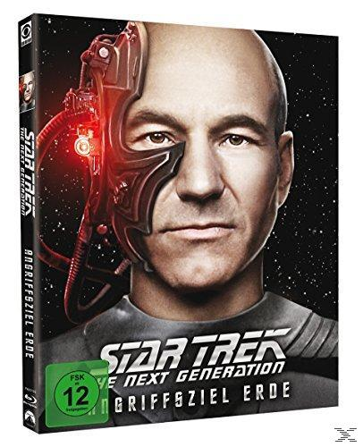 DVD-Cover für Star Trek. Patrick Stewart als Picard. Metall-Kopfbedeckung. Schwarzer Hintergrund. Grüne Bewertung.