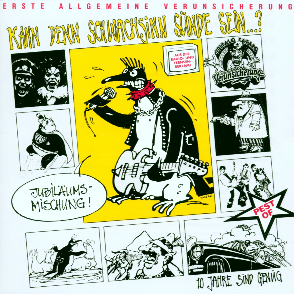 Albumcover mit Cartoonfiguren. Gelber Hintergrund mit verschiedenen Comicstrips. Schwarzweiß.