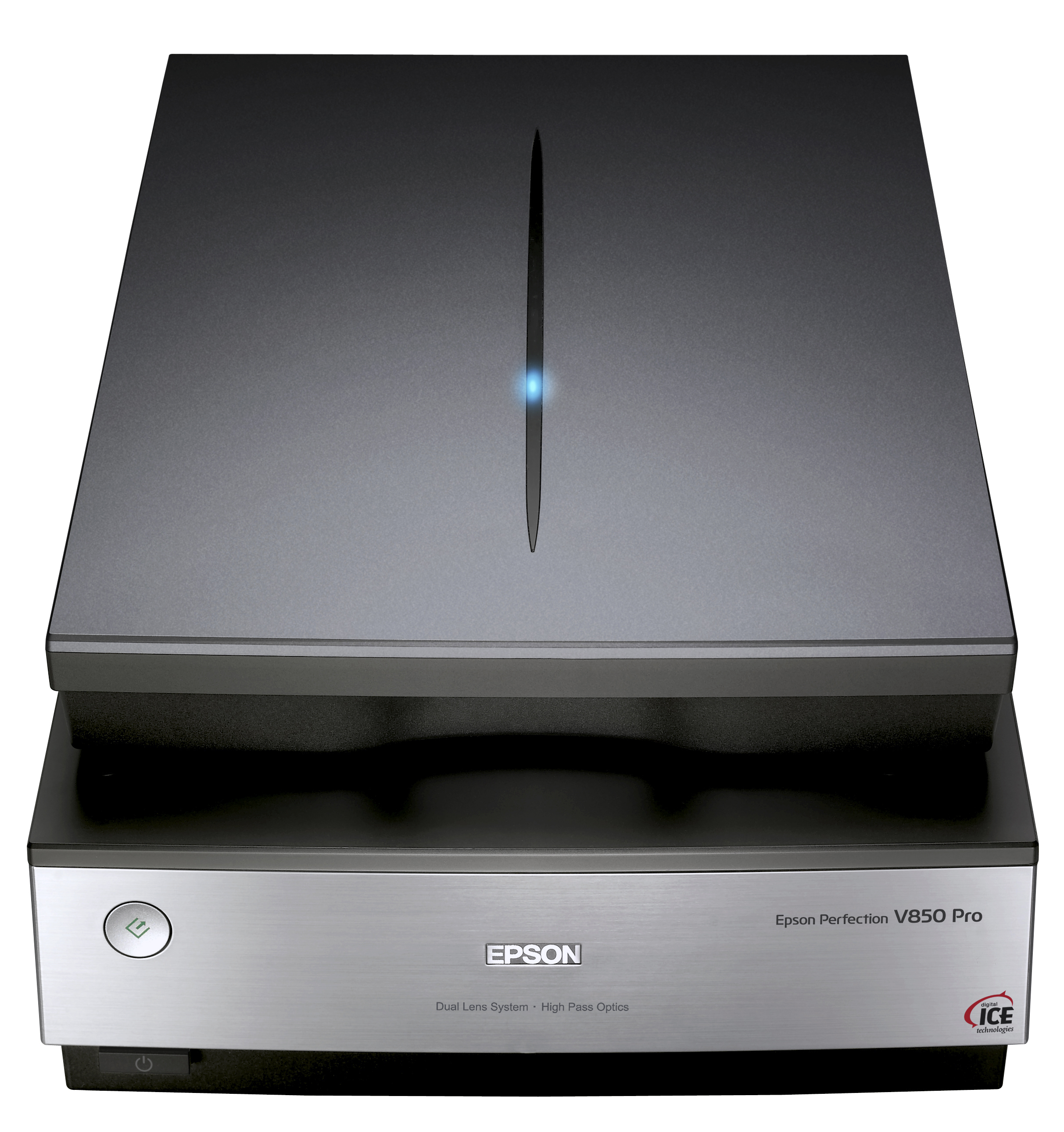 Epson Perfection V850 Pro Scanner. Schwarz und Silber, mit Ein- und Ausschalttaste.