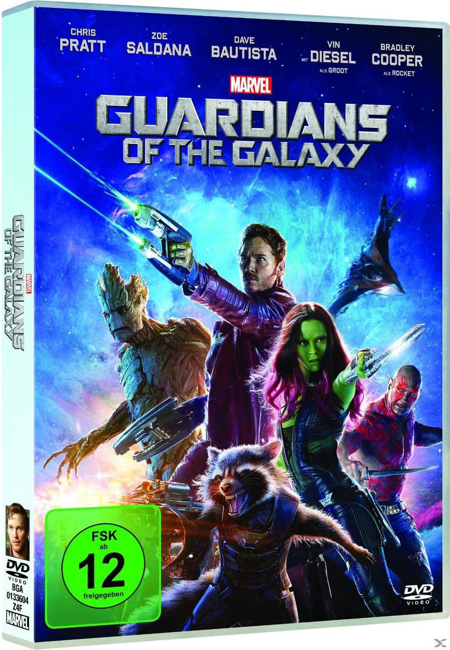 DVD-Cover für 'Guardians of the Galaxy' mit Schauspielern und Charakteren in einer Weltraumszene.