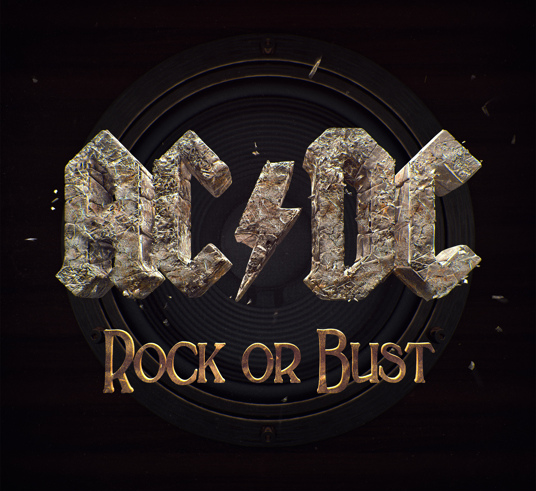 AC/DC-Logo 'Rock or Bust' auf einem Lautsprecherhintergrund. Grobe, steinartige Buchstaben.