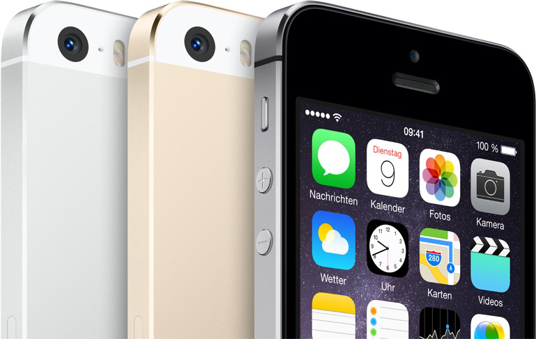 Drei Smartphones: silber, gold und schwarz, zeigen einen Bildschirm mit Symbolen.