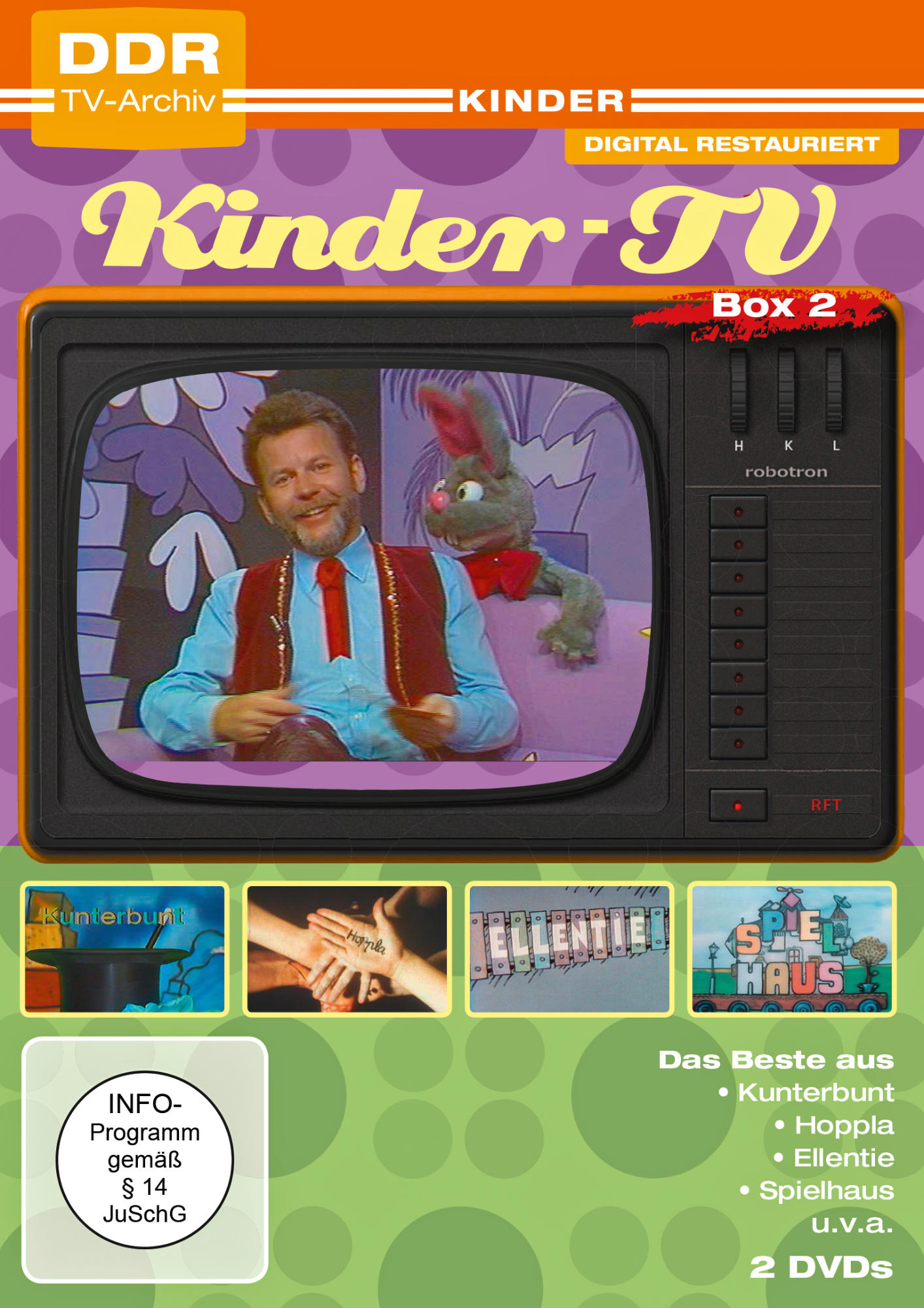 DVD-Cover. Ein Mann und eine Puppe auf einem Fernsehbildschirm. Text lautet 'Kinder-TV' und 'Box 2'.