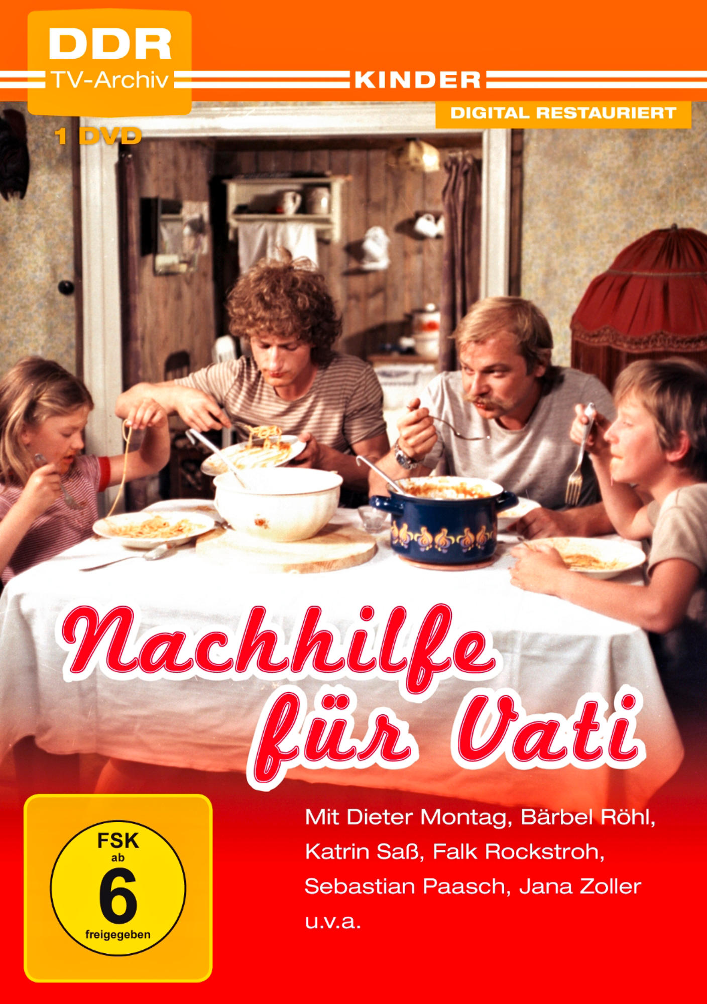 Nachhilfe für Vati DVD-Cover. Familie am Tisch mit Essen, Text auf dem Cover.
