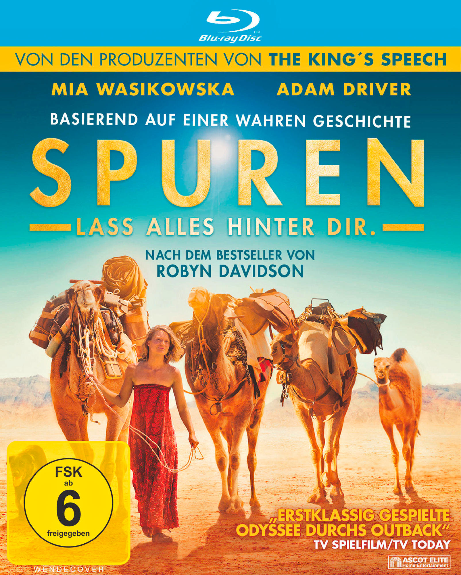 Filmposter mit Frau in rotem Kleid, Kamelen und Titel 'Spuren'.