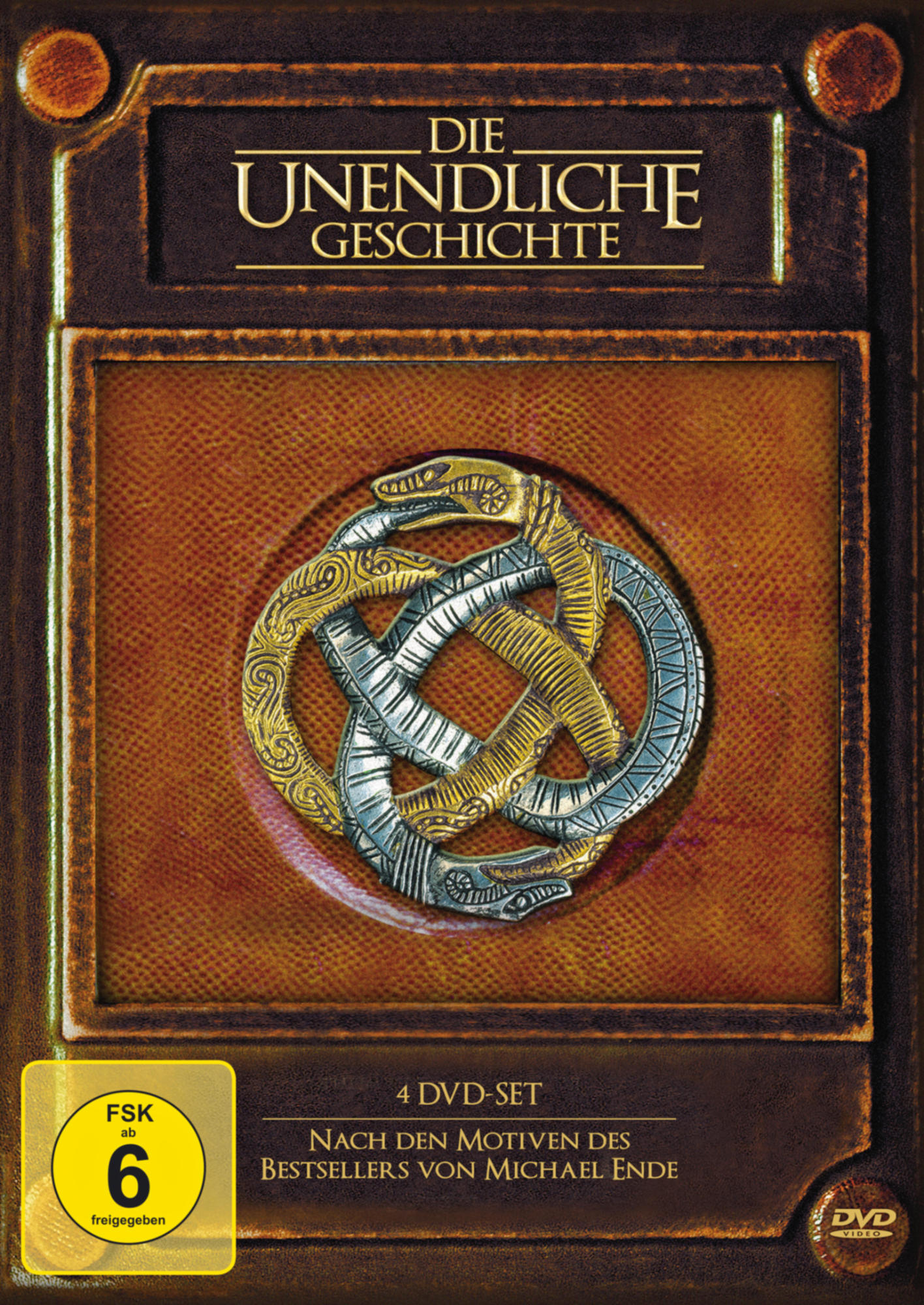 DVD-Cover, braun mit Gold- und Silberemblem, Titel auf Deutsch: Die Unendliche Geschichte.