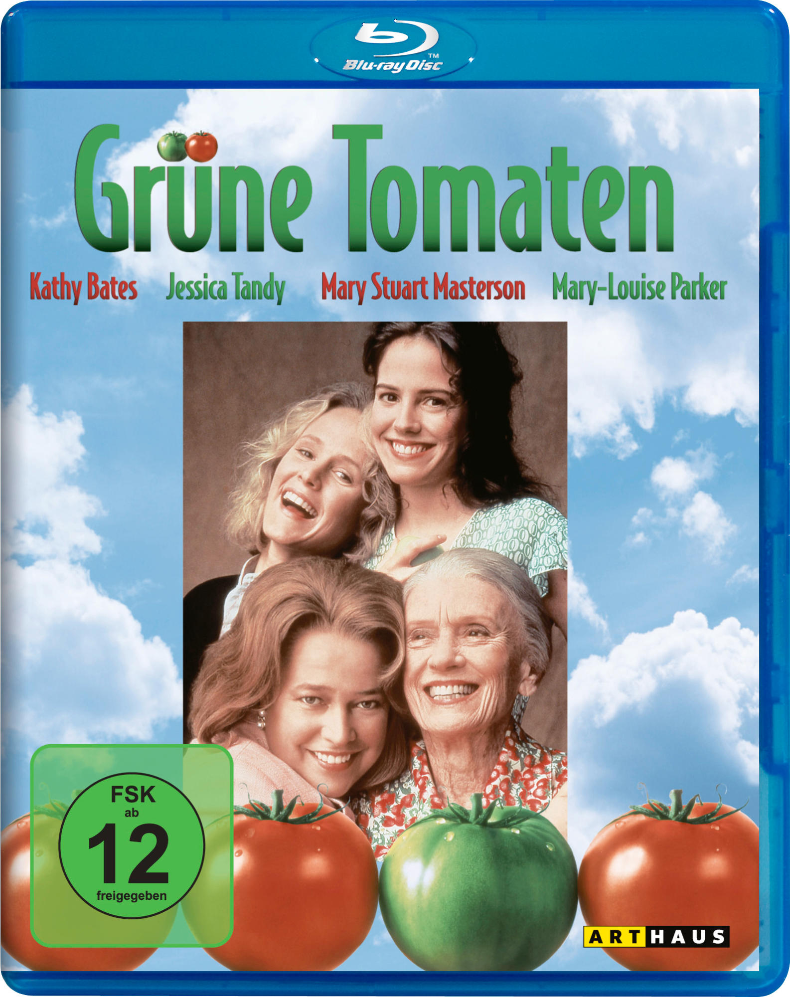 Grüne Tomaten DVD-Cover. Vier Frauen, Tomaten. Grüne Tomaten im Vordergrund. Himmelshintergrund.