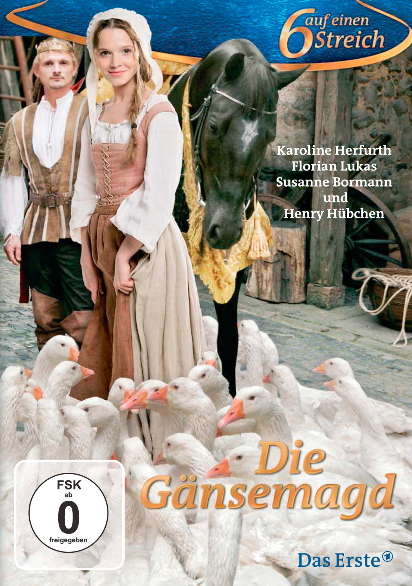 Filmcover mit Personen in mittelalterlichen Kostümen, einem Pferd und Gänsen. Text: "Die Gänsemagd".