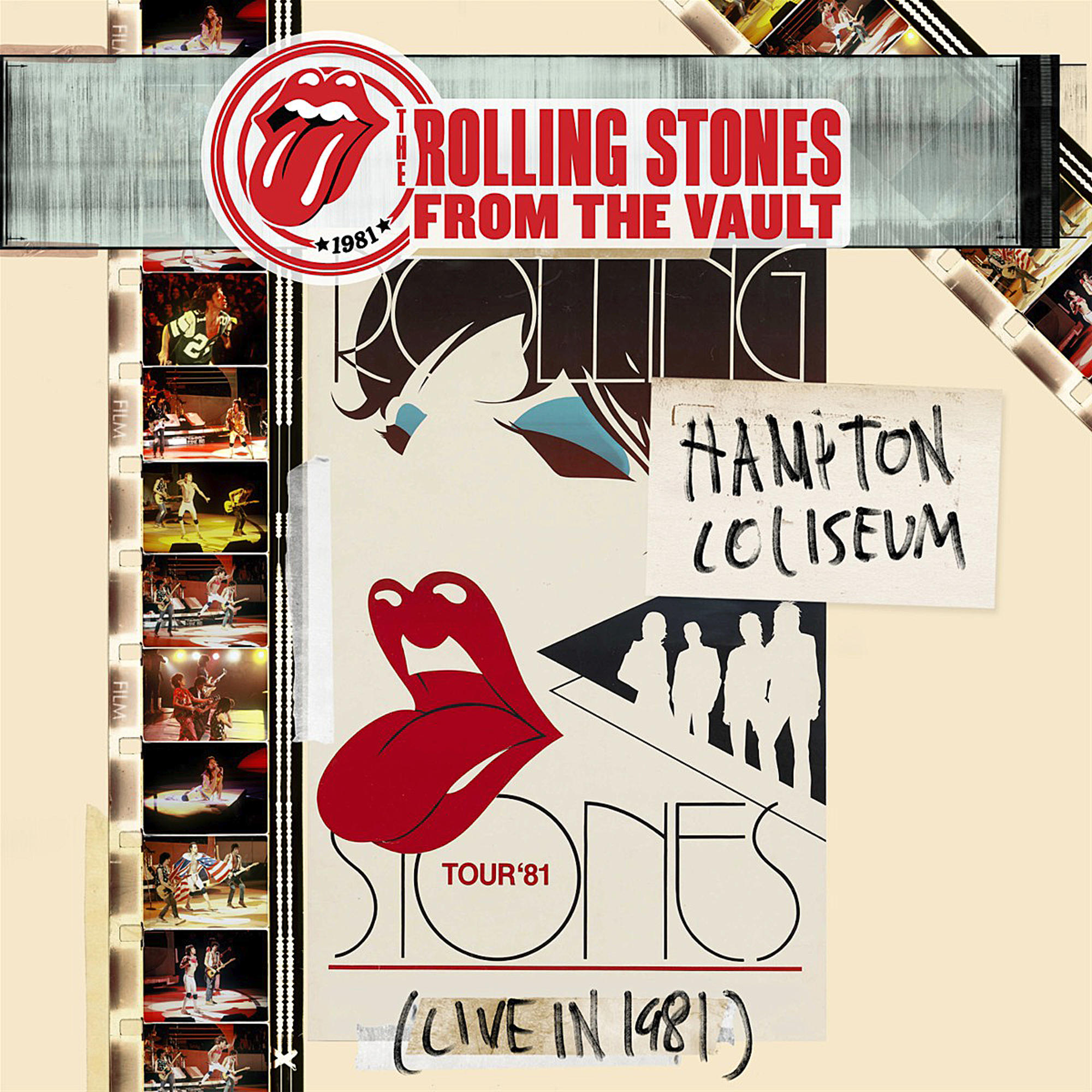 Albumcover. Collage von Bildern, Rolling Stones-Logo oben, Text: Hampton Coliseum.