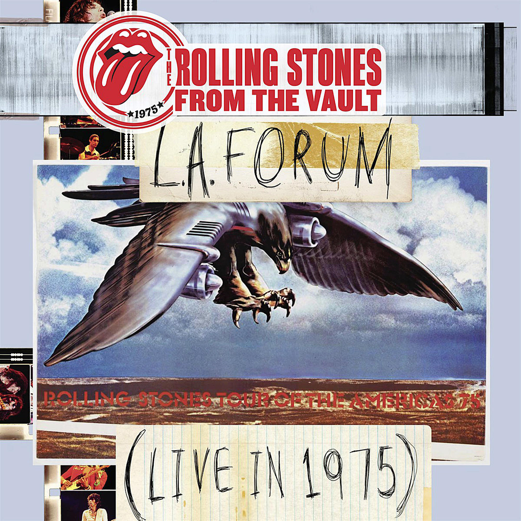 Rolling Stones Albumcover. Adler mit ausgebreiteten Flügeln über einer Landschaft. Text: LA Forum, Live in 1975.