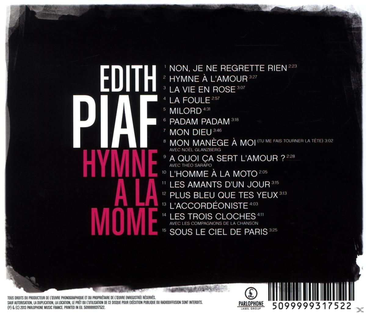 Edith Piaf Albumcover mit Text 'Hymne à la Môme' und einer Liste von Liedern auf Französisch.