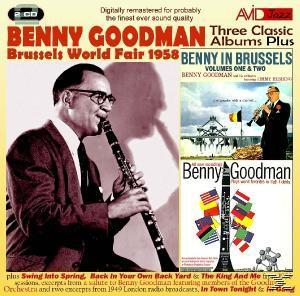 Benny Goodman-Albumcover. Ein Mann spielt Klarinette, im Hintergrund andere Albumcover.