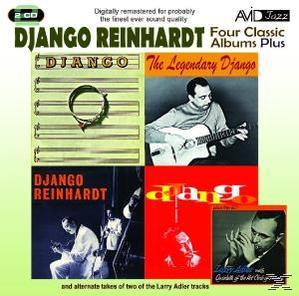 CD-Cover: Vier Albumcover von Django Reinhardt, einschließlich Fotos von ihm und Noten.