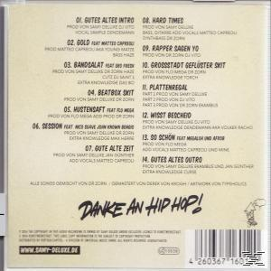 Rückseite einer CD-Hülle mit Titelliste und Credits auf Deutsch. Der Text "Danke an Hip Hop!"