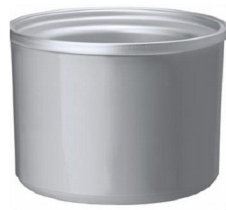 Een metalen ijscontainer. Hij is cilindrisch en zilverkleurig.
