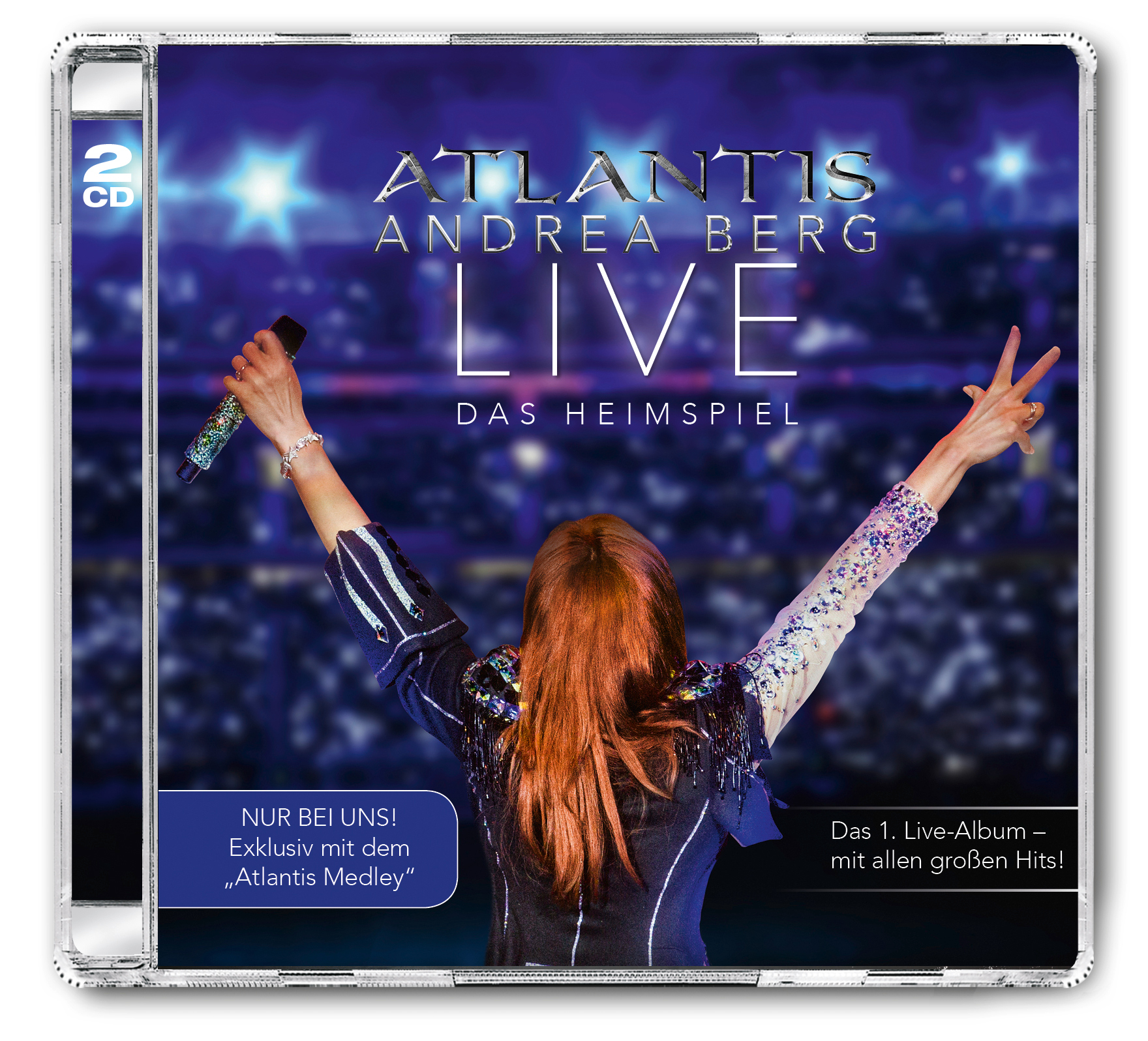 CD-Cover mit Sängerin auf der Bühne, Arme erhoben, Titel 'Atlantis' in großer Schrift und Name des Künstlers.