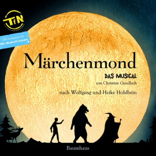 CD-Cover: 'Märchenmond'. Ein großer Mond im Hintergrund. Silhouetten eines Jungen, Bären und Hexe.